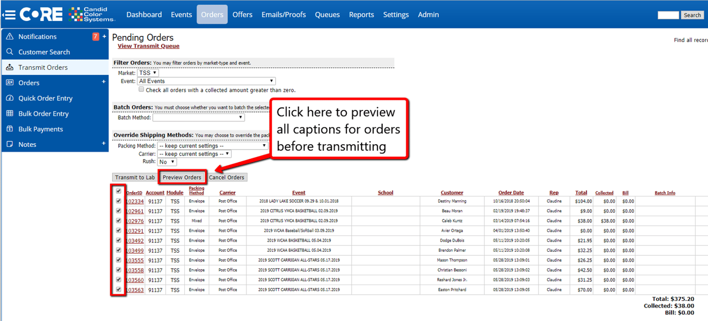 How do I check my orders before transmitting to the lab?